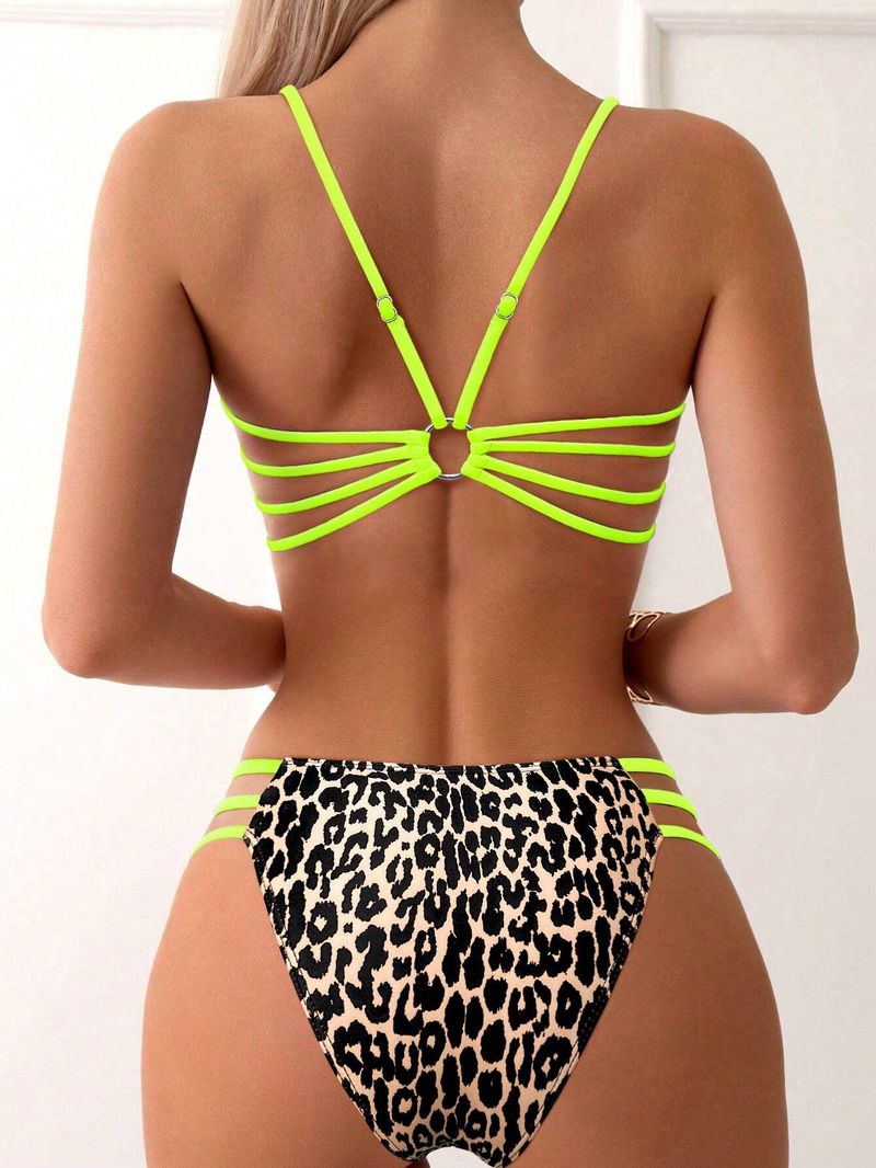 Badeanzug Damen Split Sling Tube Top Leopardenmuster Sexy Rücken Bikini Strandurlaub_voghion.com