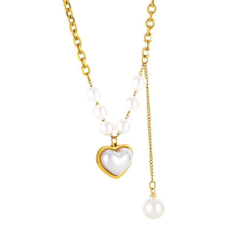 Titanium Steel Bracelet Irregular Pearl Mixed Chain White Shell Rhinestone Round Hollow Pendant Luxurious Elegant_voghion.com