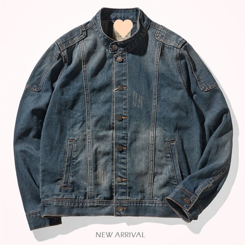 Suitable For All Seasons Spring Vintage Washed Denim Jacket For Men, Trendy Stand Collar Casual Coat_voghion.com