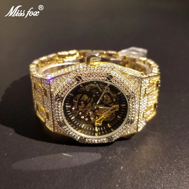 Dropshipping Diamond Watch For Men Gold Ice Out Automatic Watches Hiphop Bling Shiny Skeleton Mechanical Brand Clock_voghion.com