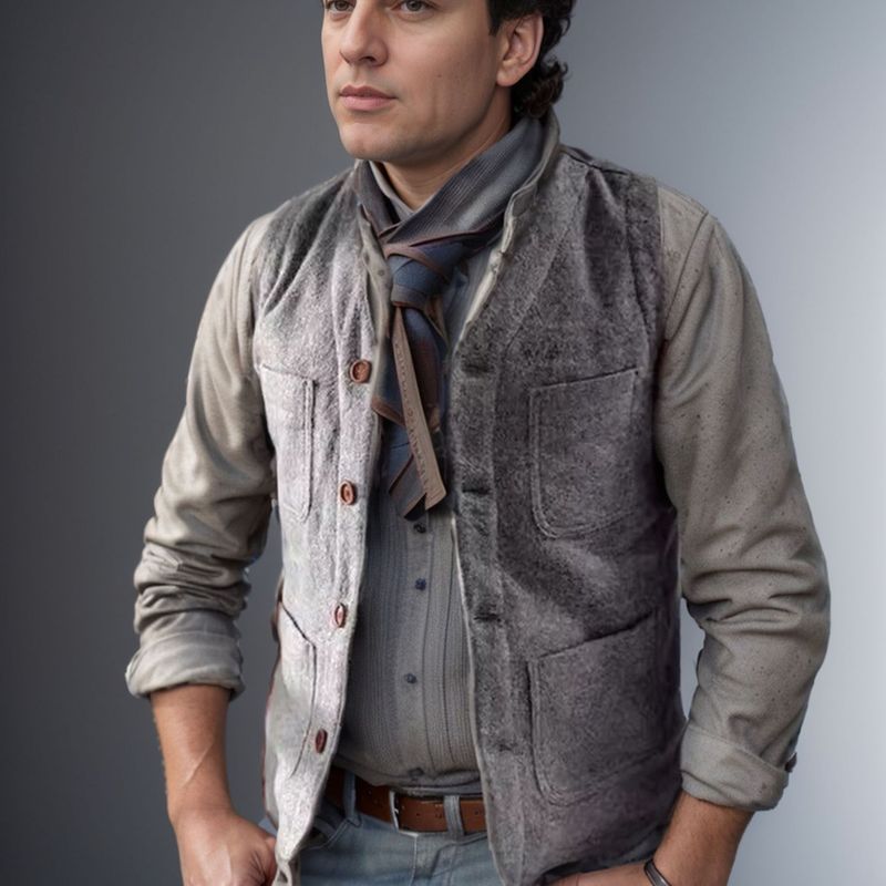 2024 Vår och höst Ny europeisk enfärgad fårskinnsväst med stora fickor för män_voghion.com