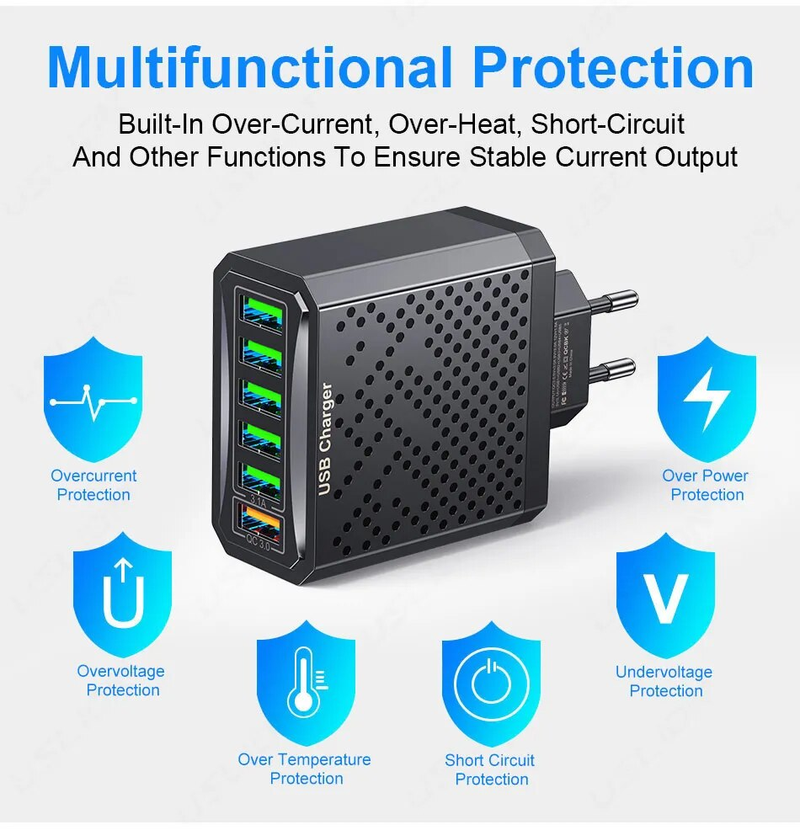 6 In 1 Quick Charge 3.0 EU/US/KC/UK Plug Phone Adapter Fast Charging For iPhone 14 Portable Wall Mobile USB_voghion.com