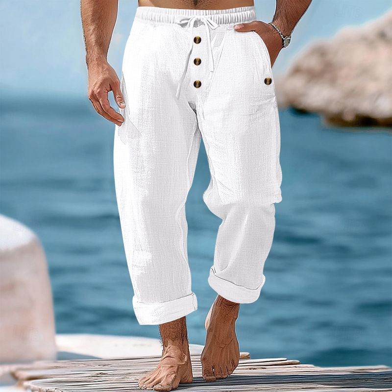 Spring And Autumn American Beach Solid Color Cotton Linen Loose Drawstring Button Casual Pants For Men_voghion.com