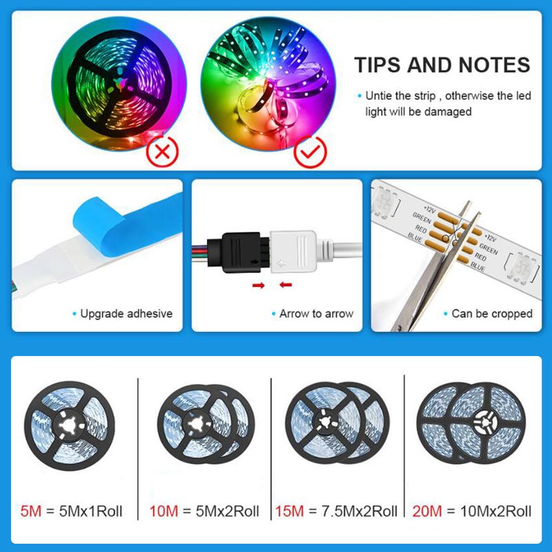 Tira de LED Wifi Tuya de 20 m y 50 pies, 12 V, 5 m, funciona con Alexa, Google Assistant, control por Bluetooth, cinta de luz de neón RGB 2835 para habitación_voghion.com