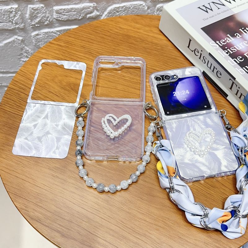 Han Feng Stereo Love Feather Yarn Case for Samsung Z Flip5 Transparent ZFlip4 Protective Case Transparent Hard Case_voghion.com