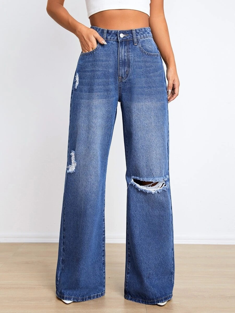 new jeans high waist ripped holes loose slimming wide leg pants_voghion.com
