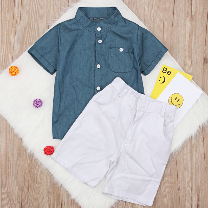 Chemise d'été bleue à manches courtes pour garçons, mère et enfant, haut + short blanc, tendance, deux ensembles d'ins_voghion.com