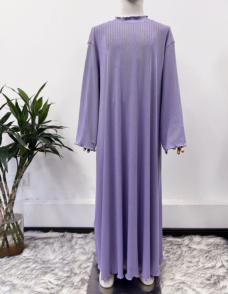Mother & Kids Middle Eastern Girls Abaya Knitted Dress Wavy Edge Solid Color Robe_voghion.com