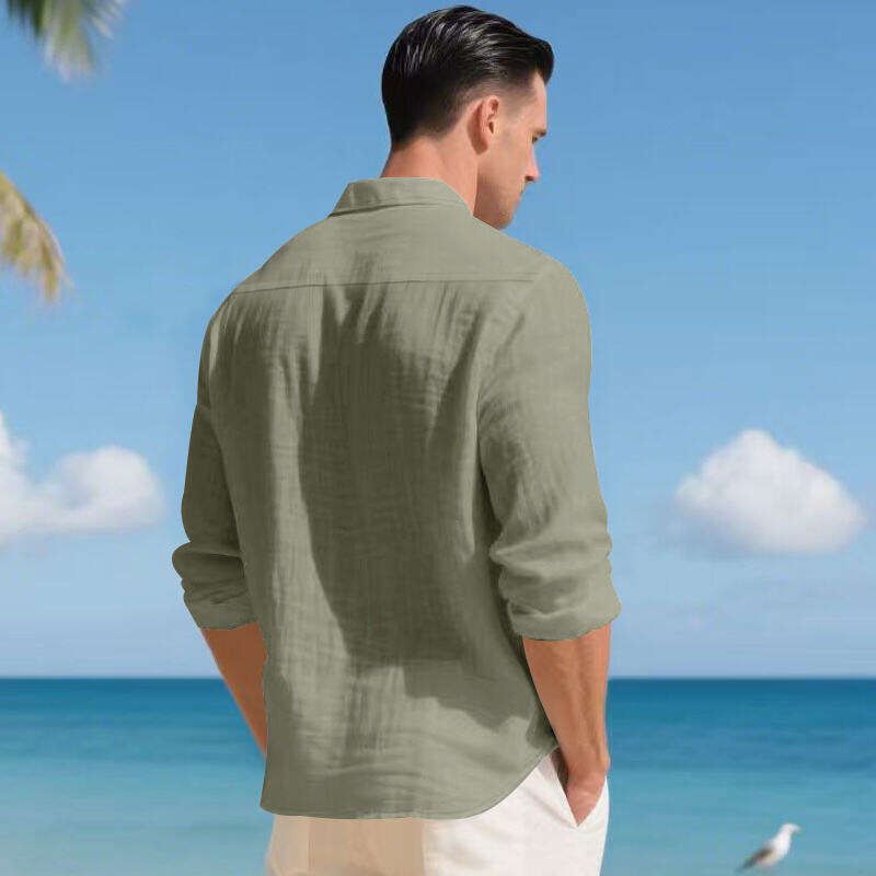Chemise décontractée en lin pour homme – Chemise boutonnée respirante avec col à revers (blanc/noir/vert kaki/bleu clair, tailles S à XXXL)_voghion.com