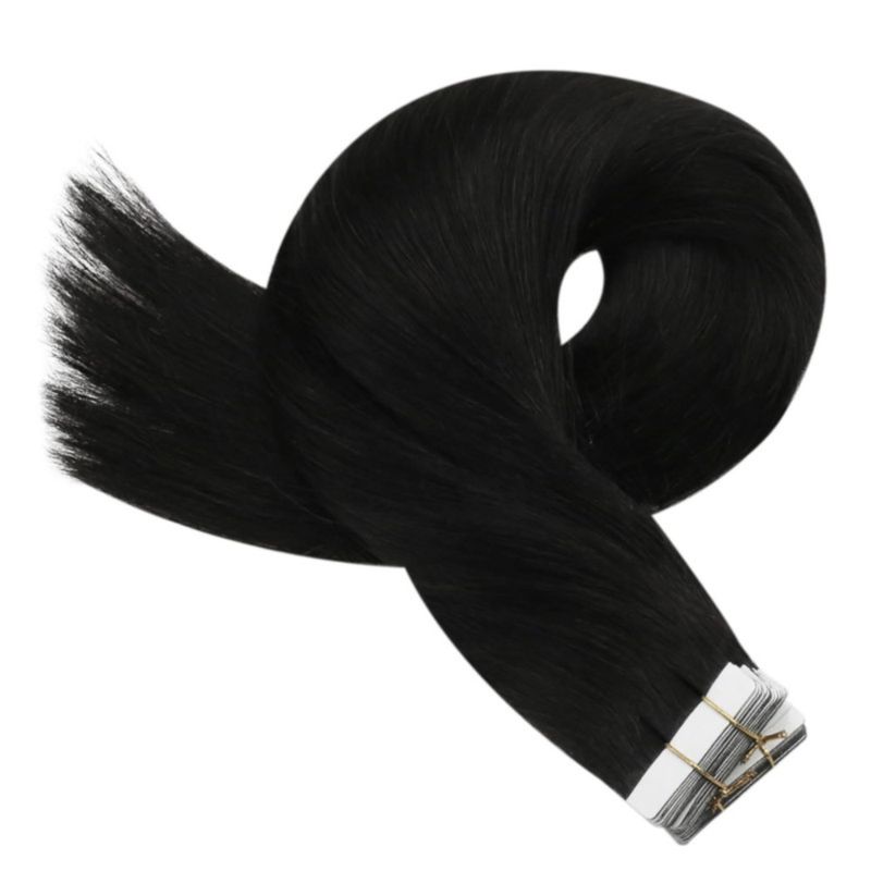 Glattes, natürliches Echthaar, selbstklebende Tape-In-Extensions, unsichtbar, 100 % Echthaar, Tape-In-Haarverlängerungen, Farbe Nr. 1_voghion.com