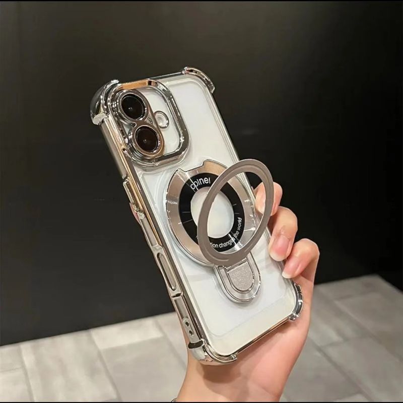 Galwanizowane etui magnetyczne z podstawką do iPhone'a 16 Pro Max/15 Pro - 4-rogowa, odporna na wstrząsy przezroczysta obudowa ze wbudowaną podstawką_voghion.com