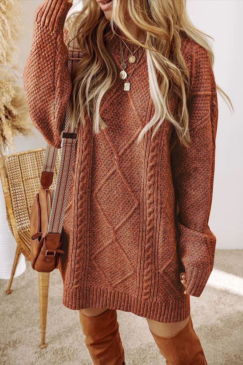Robe pull oversize confortable pour femme - Tunique à manches longues en tricot doux pour femme, tenue de détente décontractée en noir, vert kaki, kaki et caramel_voghion.com