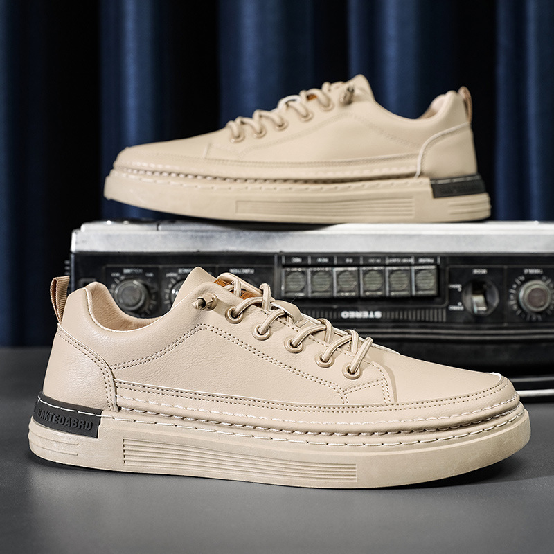 Scarpe casual basse da uomo in pelle con fascia elastica, bianche, alla moda, primavera 2025, con suola in vero filo e suola in vero cuoio_voghion.com