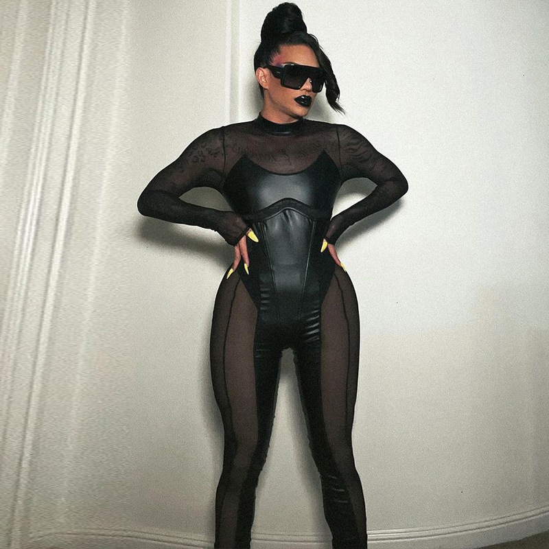 Tuta da donna a maniche lunghe con cerniera posteriore in rete patchwork con collo tondo_voghion.com