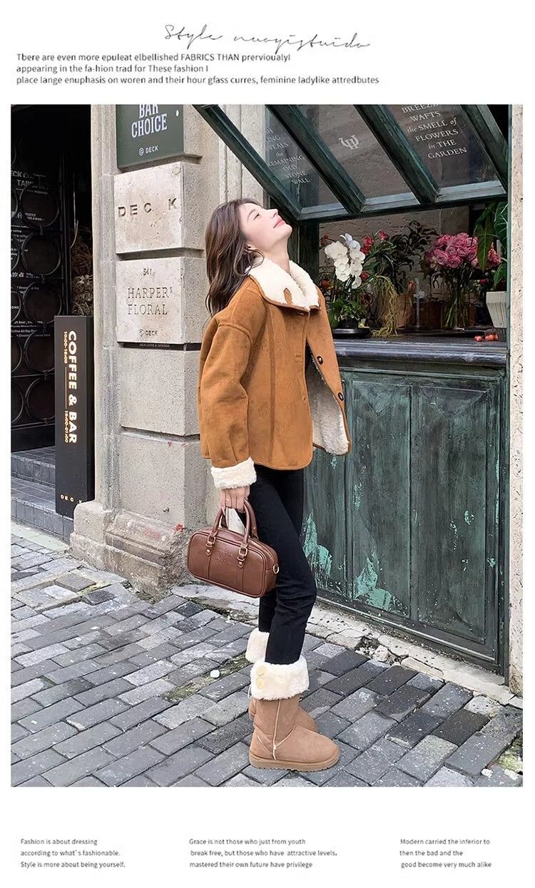 Cappotto in pelle di pecora scamosciata color cachi per donna, autunno e inverno 2024, nuova giacca in cotone foderata in pile_voghion.com