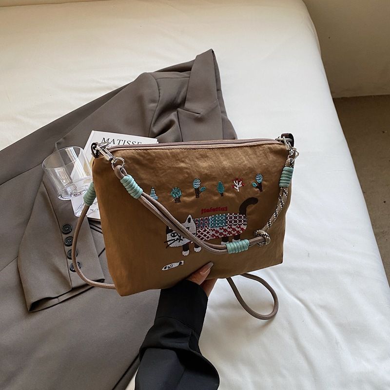 Heavy Embroidered Cat Nylon Tote For Women, Casual Outdoor Commuter Crossbody Bag, Versatile Shoulder Bag_voghion.com