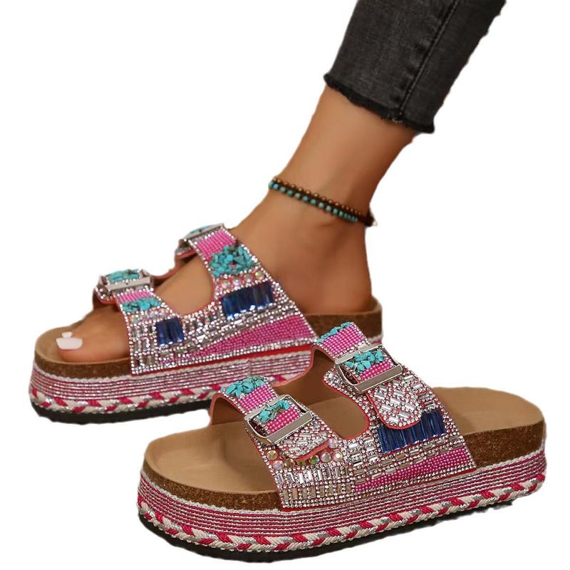 2025 New Thick Bottom Rope Double Button Water Diamond Cork Beach Slippers Lare Women's Shoes Shinin And_voghion.com