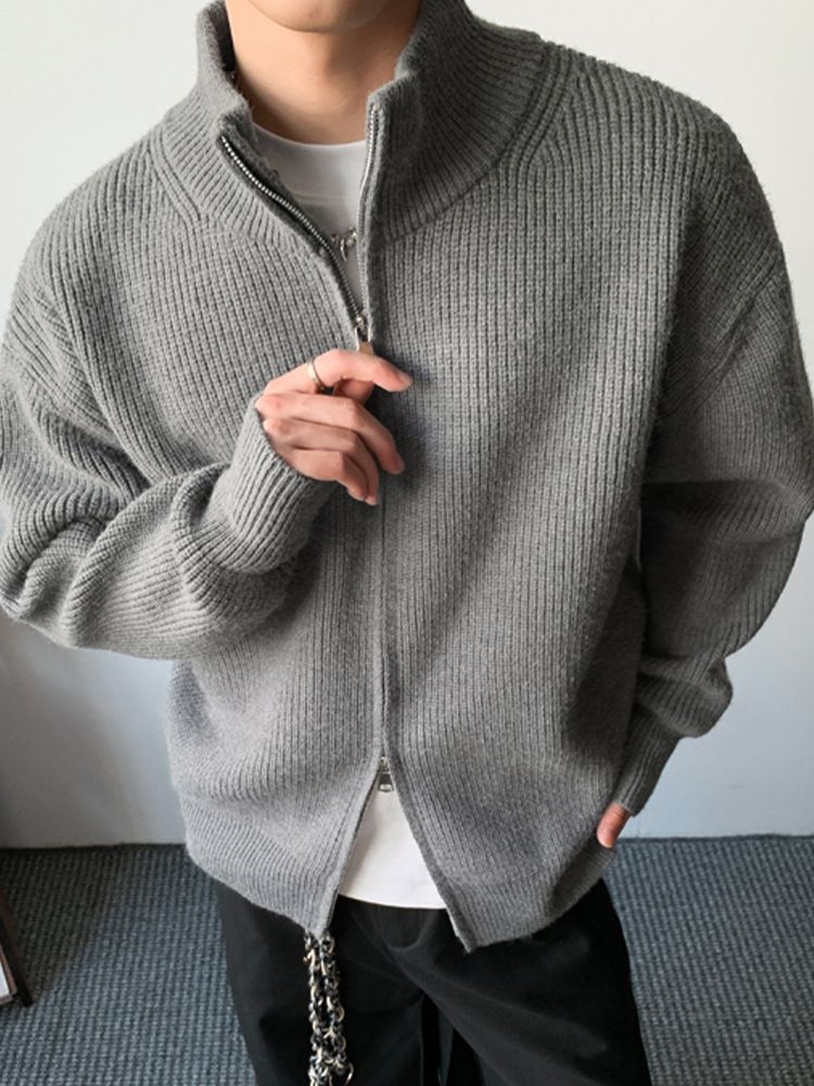Herrenbekleidung – Strickjacke mit Stehkragen – Verdickter Retro-Pullover für Herbst und Winter, Slim Fit-Basisschicht, Stretch-Polyester-Mischgewebe, Grau und Schwarz_voghion.com