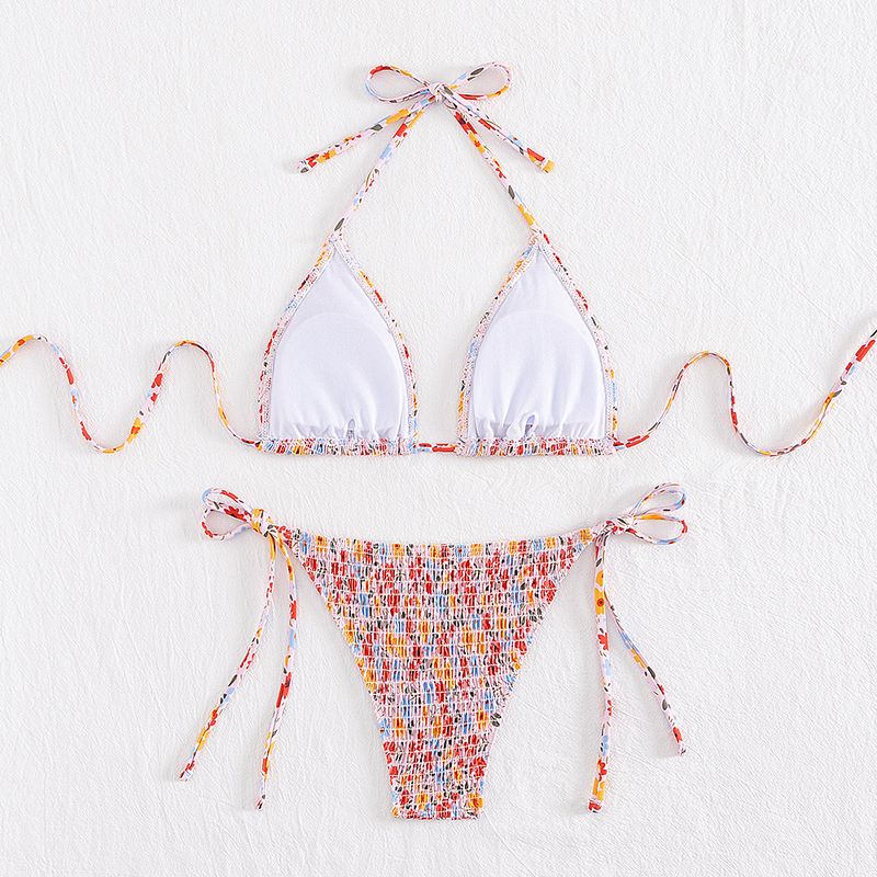 Abbigliamento da donna, costume da bagno bikini multicolore sexy con scollo a V, scollo a V, borsa a tracolla e triangolo plissettato_voghion.com