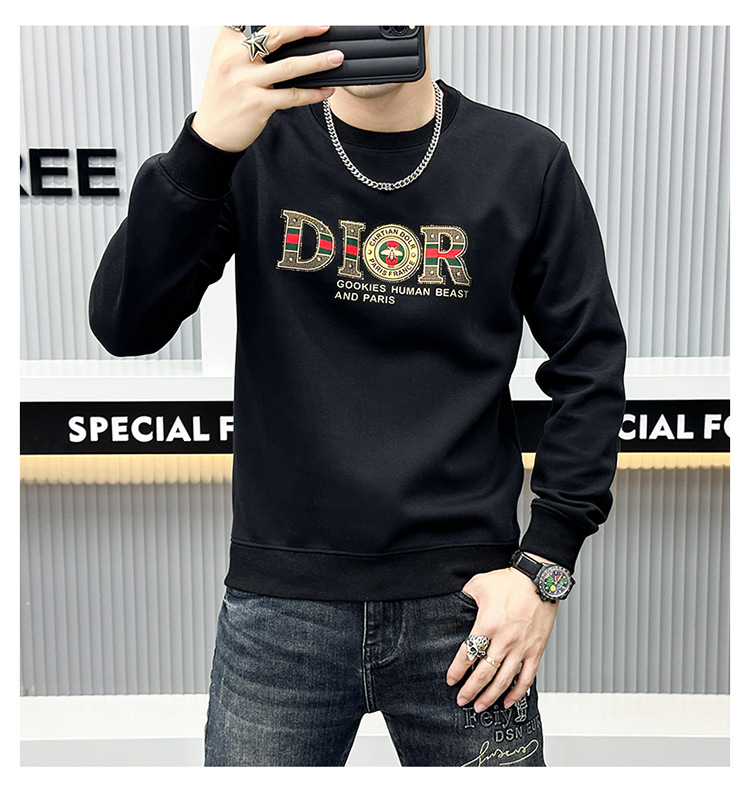 Herenkleding Hot drill reliëf lange mouwen ronde hals heren licht luxe modemerk high-end vrijetijdsbesteding effen kleur hoodie heren_voghion.com