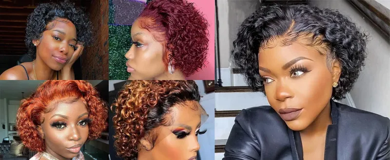Pixie Cut Kort Bob Krøllet Parykker Ægte Hår Billig Transparent Blonde 99J Bourgogne Vand Dyb Bølge Lace Front Paryk Til Kvinder_voghion.com