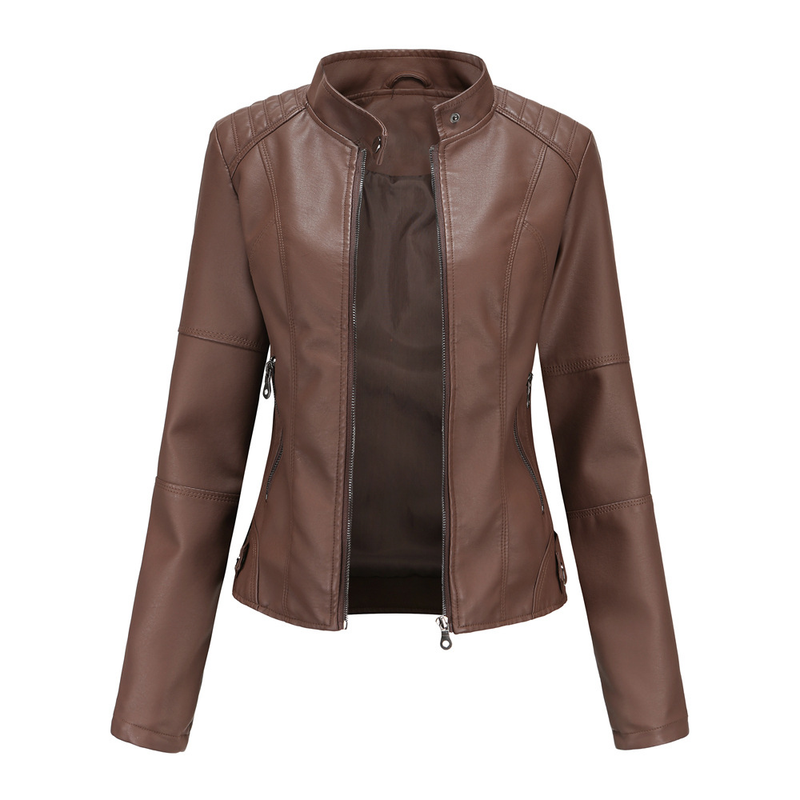 European Women's Slim Fit Thin Spring Autumn Coat Ladies Motorcycle Plus Size Stand Collar Leather Jacket_voghion.com