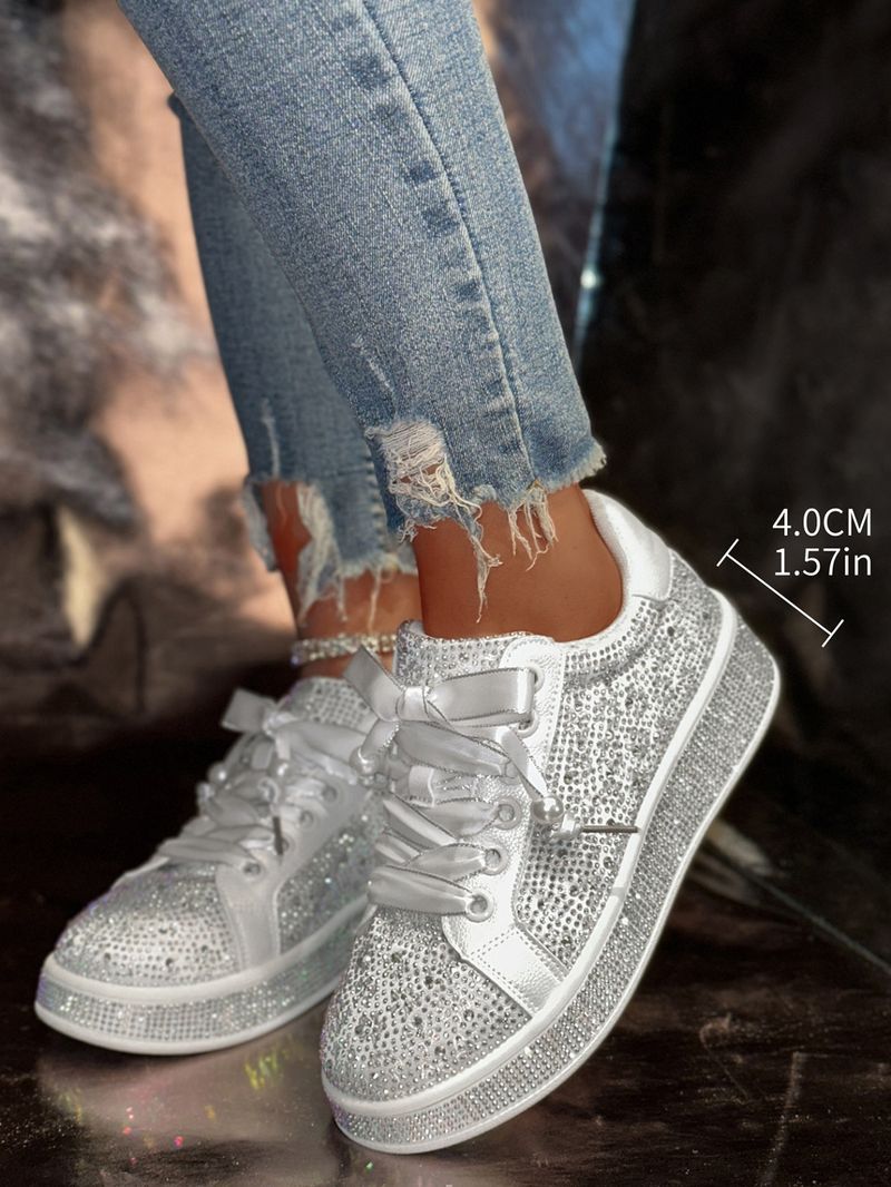 Sneakers casual con strass taglie forti per donna - Scarpe basse alla moda con lacci e design scintillante, comode ed eleganti per l'estate_voghion.com
