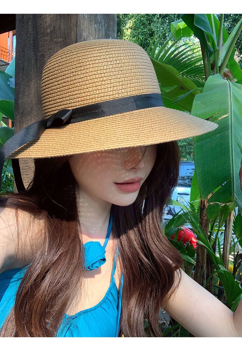 Slaměný klobouk dámský letní slunečník přímořský slunečník letní klobouk s velkou krempou UV opalovací krém klobouk příliv a odliv_voghion.com
