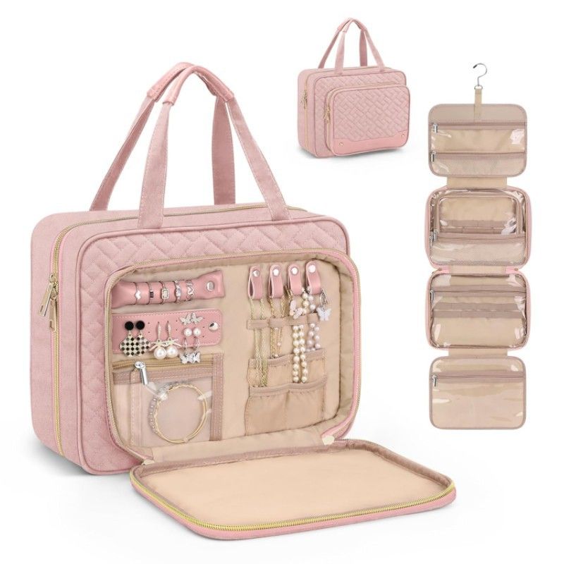 Borsa da viaggio in cotone – Organizer per cosmetici da appendere, impermeabile, con gancio, per bagno e viaggi (nero/rosa, design multitasche)_voghion.com