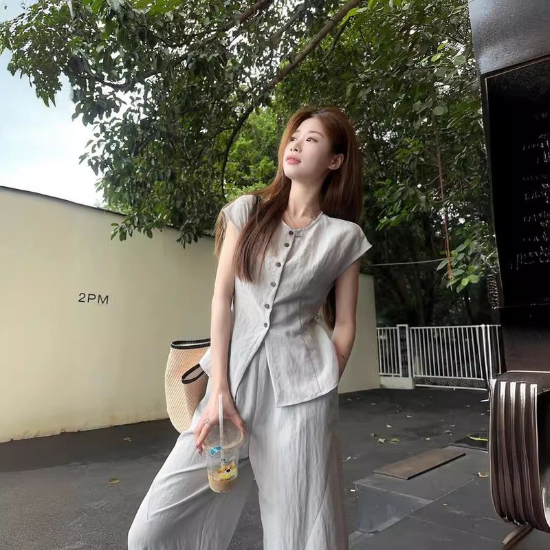 Summer Elegant Simple Tie Waist Slimming Flutter Sleeve Blouse Wide Leg Floor-Length Pants Set 66249_voghion.com