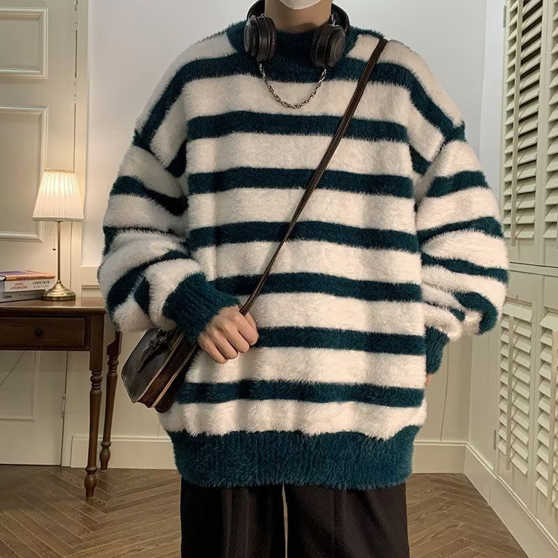 Neuer vielseitiger und einfacher gestreifter Halbhochhalspullover für Männer im Herbst und Winter, dicker Innenstrickpullover_voghion.com