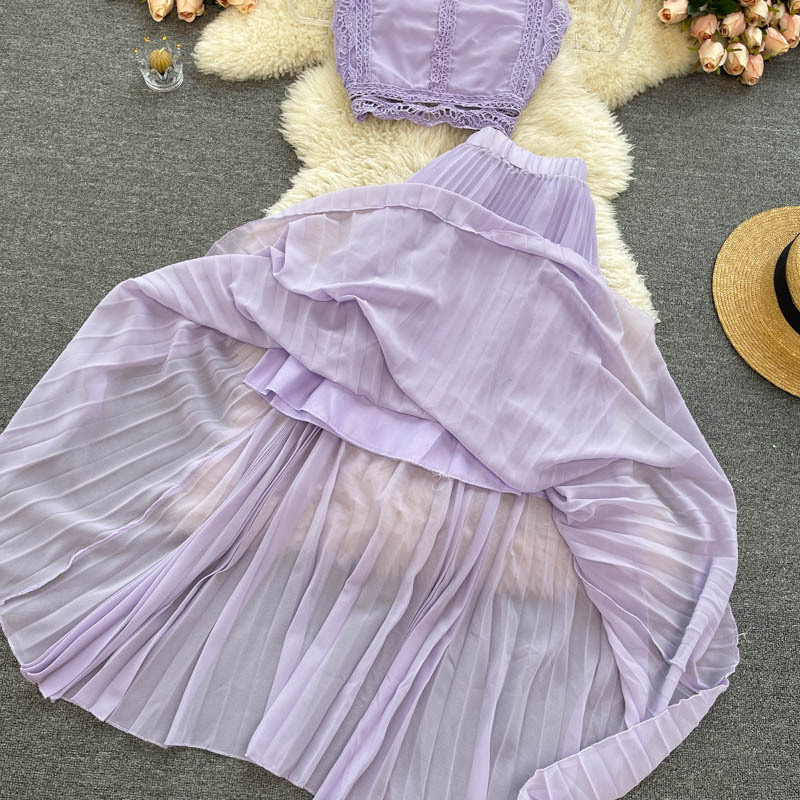 Haut en dentelle pour femmes, taille 1, jupe plissée en mousseline de soie, costume deux pièces_voghion.com