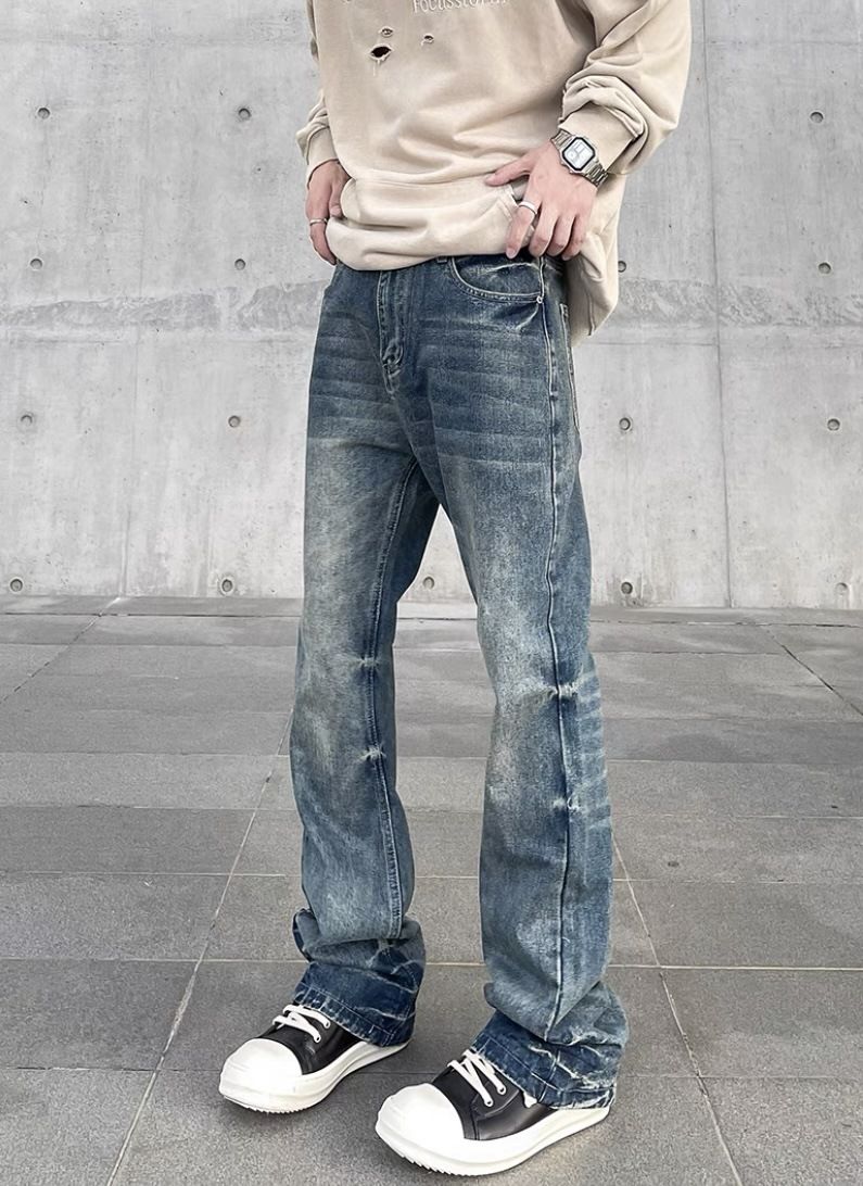 Herrenbekleidung Herren Vintage Washed Denim Jeans - Clean Fit Straight-Leg Bootcut Hose (Hellblau, S-XXL)_voghion.com