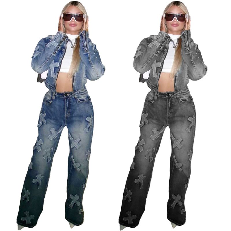 Women's Clothing New Cross Washed And Burned Western Elastic Casual Denim Suit_voghion.com