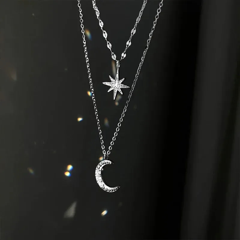 Ready Stock Sier pro ženy Dvojitá vrstva Zirkon Hvězda Měsíc Přívěsek Náhrdelník Jemný řetízek Elegantní módní šperky Dárky_voghion.com