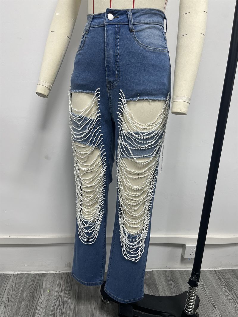 Women's Clothing Hot Girl Summer Pants Holes Heavy Beaded Beaded Stretch Jeans Trousers Women Jeans_voghion.com