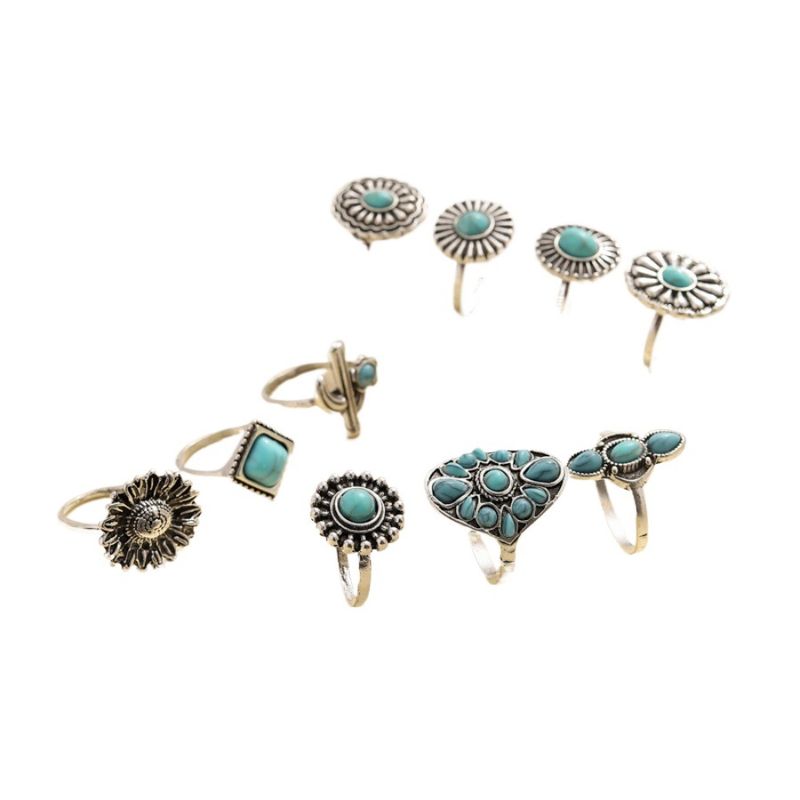 New Exaggerated Geometric Flower Turquoise Water Drop Ring Set Of Ten_voghion.com
