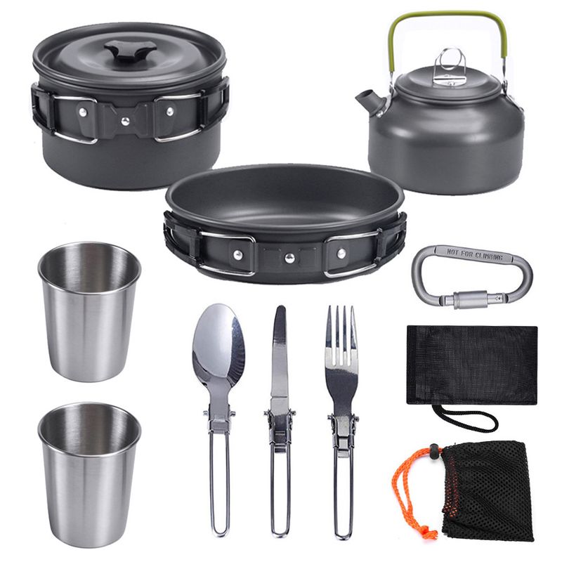 Outdoor-Produkter, Outdoor-Dëppen-Set fir 2-3 Persounen, Camping-Téikännchen-Geschir-Set, dräideelegt Kachgeschir-Set_voghion.com