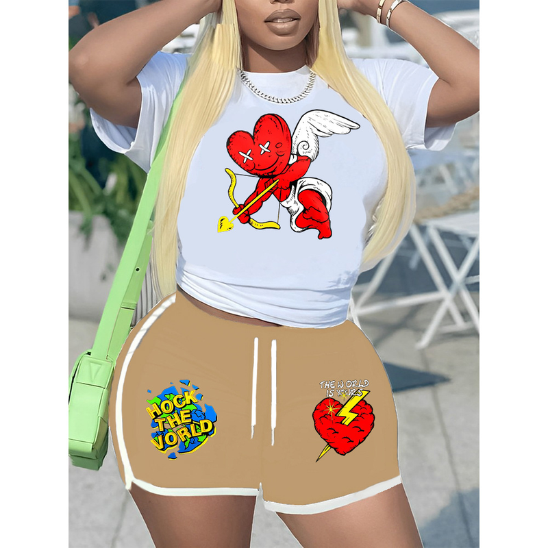 Bedruckter T-Shirt-Shorts-Trainingsanzug für Damen_voghion.com