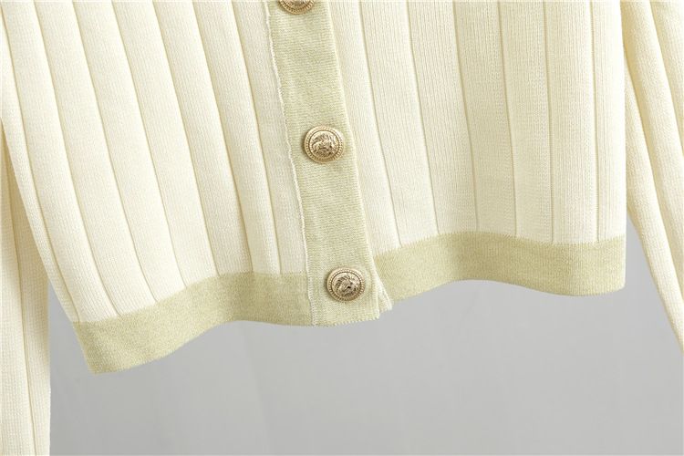 Elegante completo cardigan e abito in maglia – Maglia jacquard spessa, maniche lunghe e abito midi (misto viscosa, finiture a contrasto, beige/nero/blu)_voghion.com