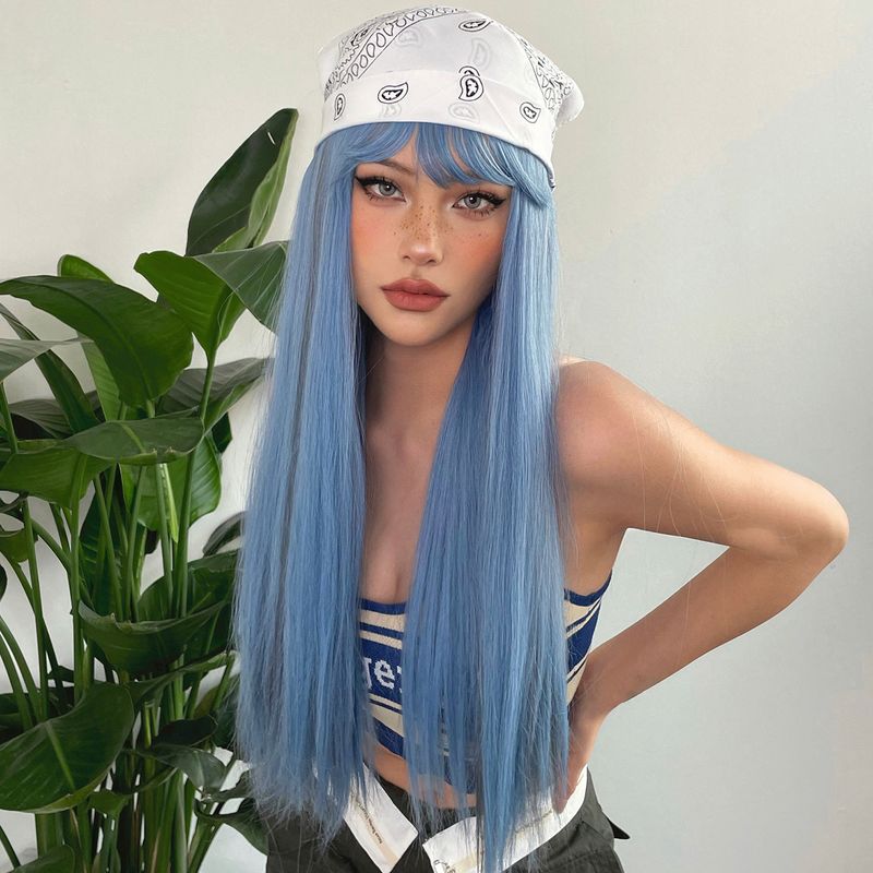 Parrucca sintetica lunga e dritta blu con meches cenere, parrucca cosplay con frangia, capelli naturali quotidiani per donne, fibra resistente al calore_voghion.com