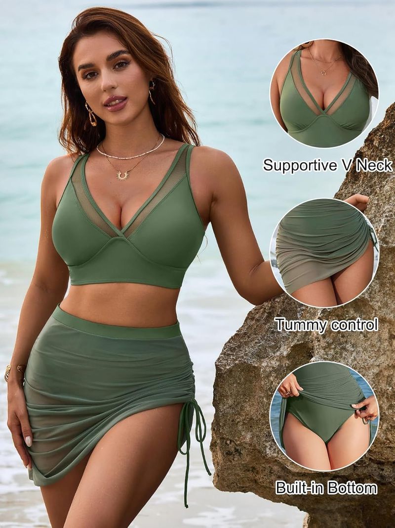 Maillot de bain une pièce sexy à bretelles et décolleté en V profond pour femme, épissure en maille, cordon de serrage latéral, dessous de verre amovible, maille fine_voghion.com