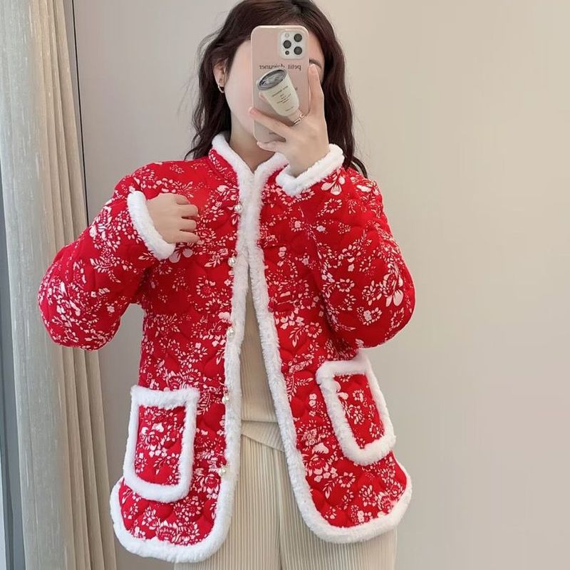 Giacca rossa da donna in stile giovanile, stile Northeast, taglie forti, stile floreale, stile celebrità, in cotone, per autunno e inverno_voghion.com