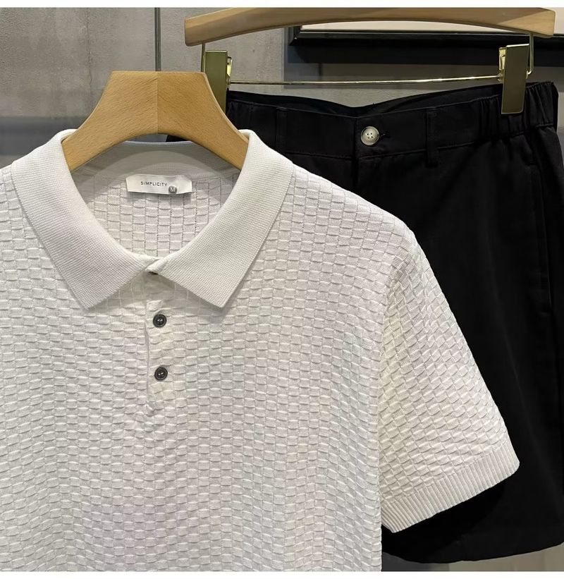 Herrenbekleidung Sommer New Ins Revers Kurzarm Poloshirt Herren Leichtes Luxus All Match Einfarbiges Kariertes Textur T-Shirt_voghion.com