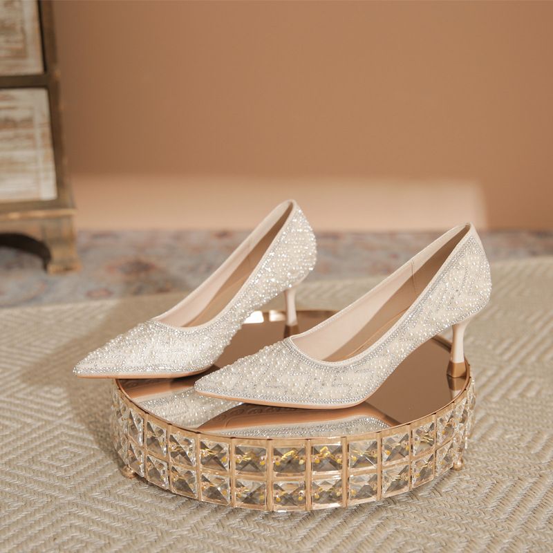 Scarpe da sposa con tacco alto e strass di perle francesi 2025, nuove scarpe da sposa con temperamento, tacchi a punta e fini, non_voghion.com
