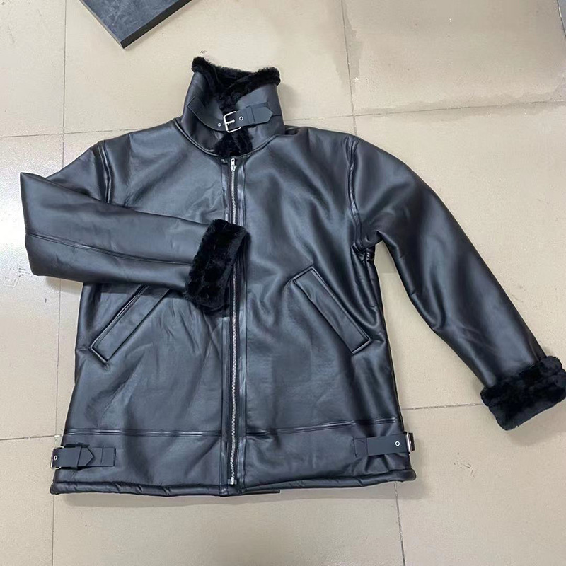 Men's Shearling-Lined Leather Coat With Wide Lapel - Premium Winter Overcoat, Luxurious Faux Fur Outerwear_voghion.com