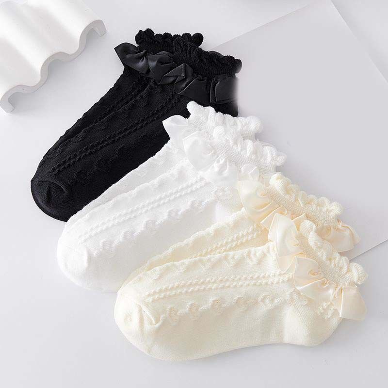 Calzini corti estivi JK per bambini, carini, con pizzo a fungo, sottili e alla moda, con fiocco e altezza interna_voghion.com