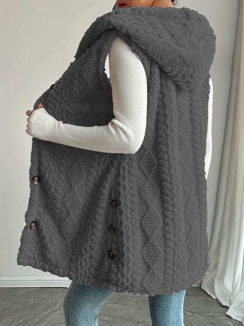 Heißer Verkauf Einfarbig doppelseitige Gefüllte Kapuze Taste Strickjacke Casual Damen Herbst Winter Weste_voghion.com