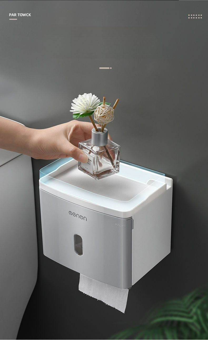 Bathroom Wall-Mounted Waterproof No-Drill Tissue Box Toilet Paper Roll Holder Storage Rack_voghion.com
