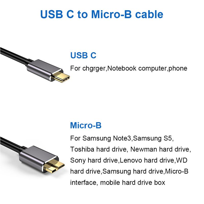 Câble USB C vers Micro B Adaptateur de connecteur de données USB 3.0 Type C 5 Gbit/s pour disque dur Smartphone PC Chargeur Type C Cordon de disque d'appareil photo_voghion.com